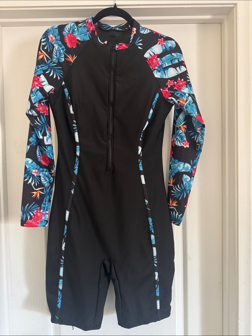 SHEIN Black One-Piece Long-Sleeve Swimsuit with Blue and Pink Floral Print